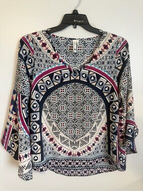 Pink Owl Boho Geometric V-Neck Tunic in Navy, Cream & Pink size small